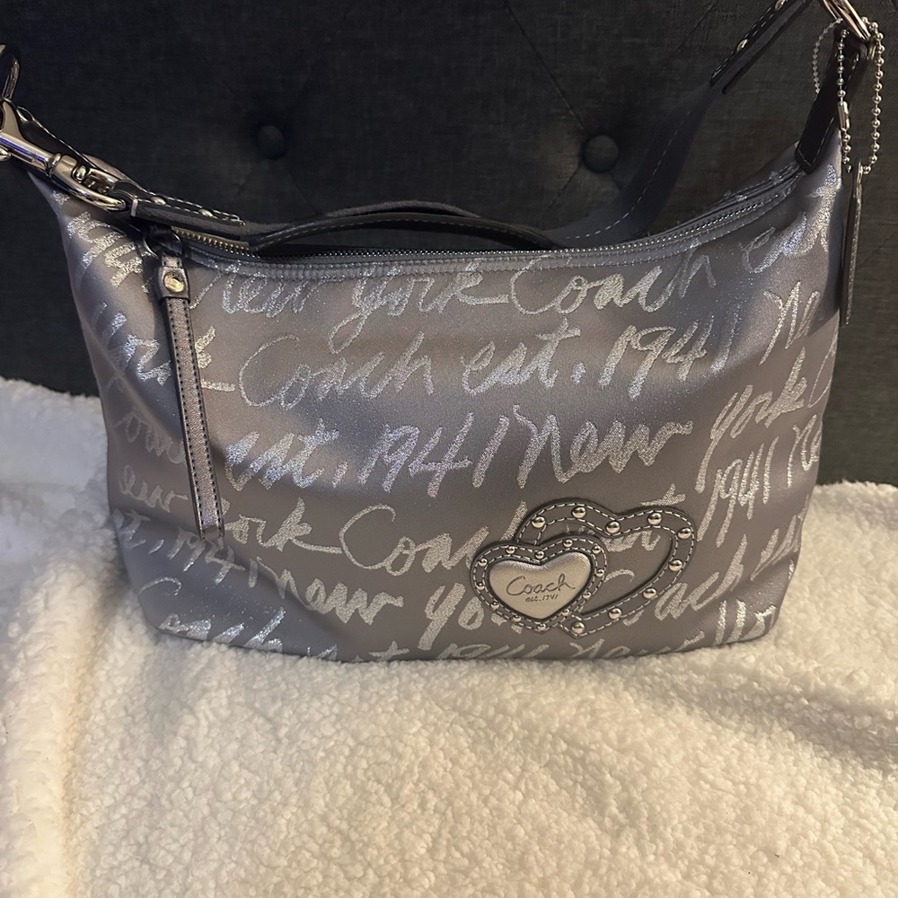 Coach Poppy Silver Script Heart Hobo Shoulder Bag